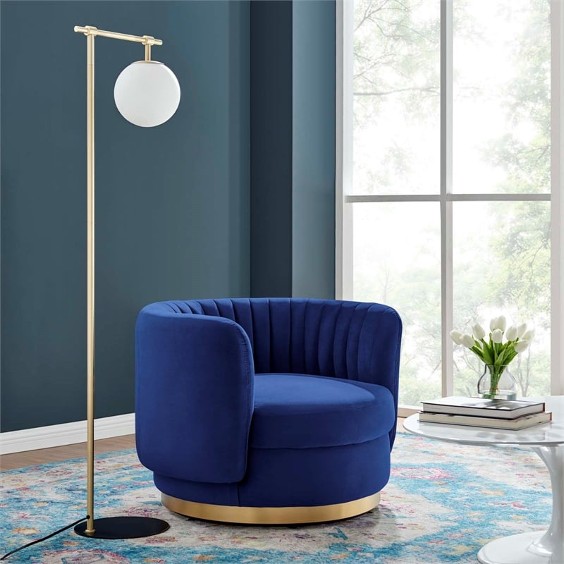 Pemberly Row Tufted Performance Velvet Swivel Chair in Gold/Navy