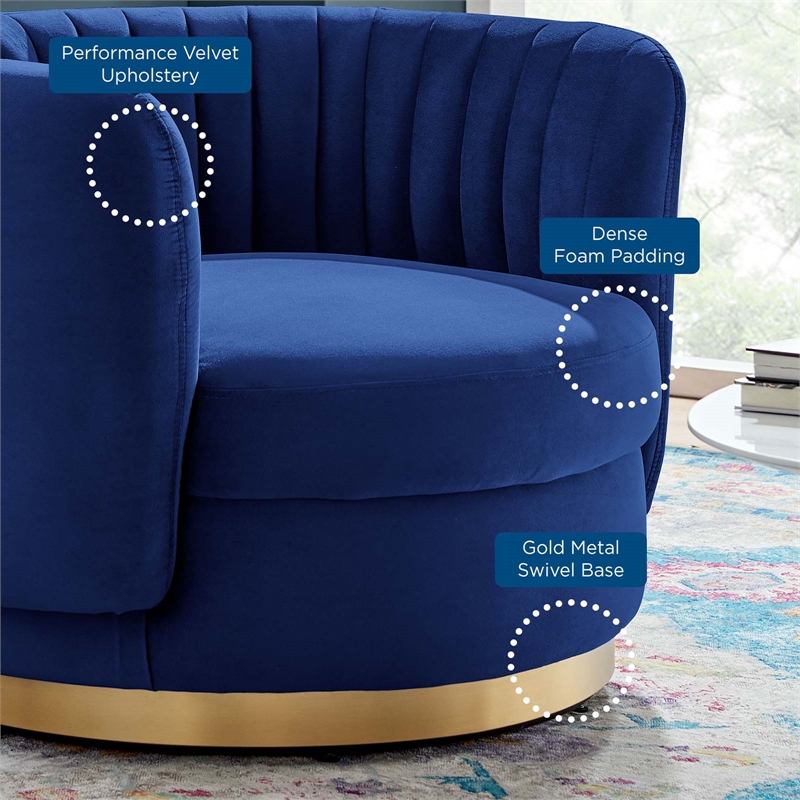 Pemberly Row Tufted Performance Velvet Swivel Chair in Gold/Navy