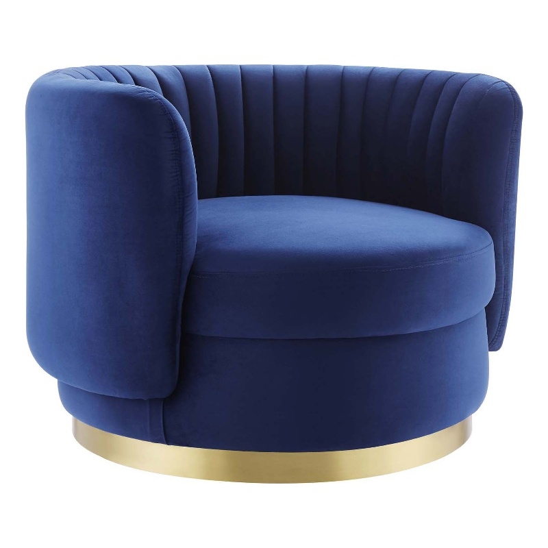 Pemberly Row Tufted Performance Velvet Swivel Chair in Gold/Navy