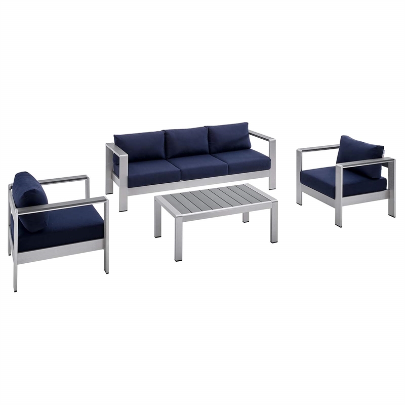 Pemberly Row 4-Piece Aluminum & Fabric Outdoor Patio Set in Silver/Navy