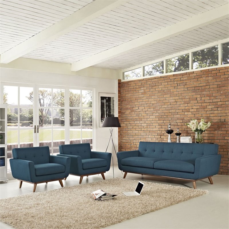 Pemberly Row Modern Fabric 3-Piece Sofa Set with Armchairs in Azure Blue