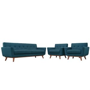 Pemberly Row Modern Fabric 3-Piece Sofa Set with Armchairs in Azure Blue