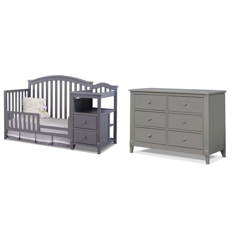 Pemberly Row Set of 2 Crib and Changer & Double Dresser in Gray