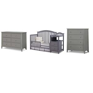 Pemberly Row Set of 3 Gray Crib and Changer & 4-Drawer Chest & Double Dresser