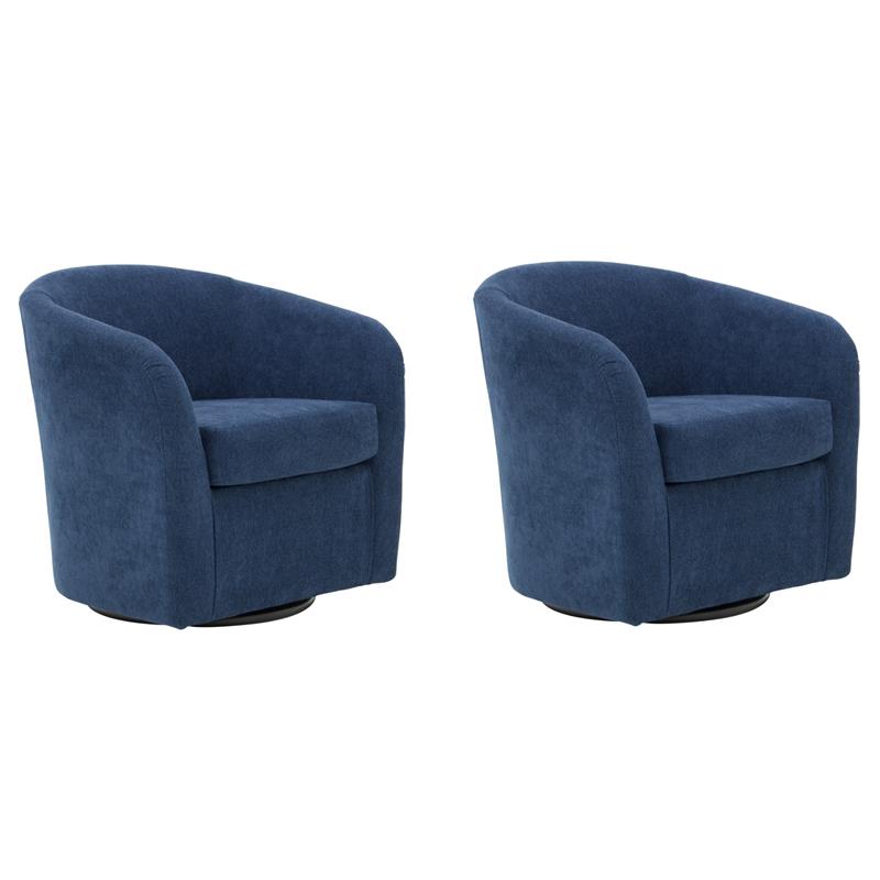 Pemberly Row Set of 2 Fabric Curved Arm Swivel Tub Chair in Navy Blue