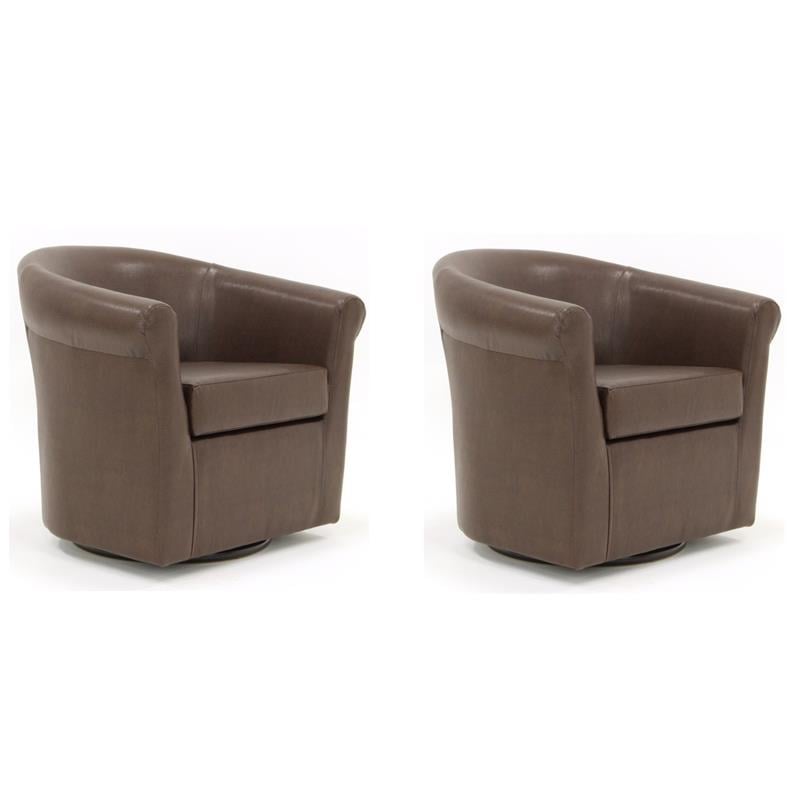 Pemberly Row Set of 2 Traditional Faux Leather Swivel Club Chair in Brown