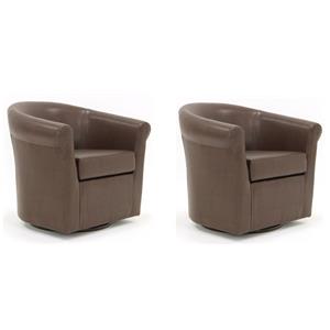 Pemberly Row Set of 2 Traditional Faux Leather Swivel Club Chair in Brown