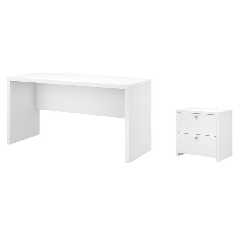 Pemberly Row Set of 2 60W Bow Front Desk & Lateral File Cabinet in Pure White