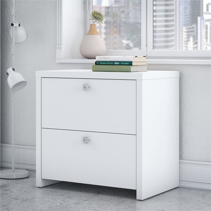 Pemberly Row Set of 2 Bow Front L-Shaped Desk & Lateral File Cabinet in White