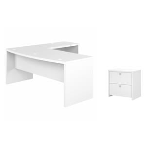 Pemberly Row Set of 2 Bow Front L-Shaped Desk & Lateral File Cabinet in White