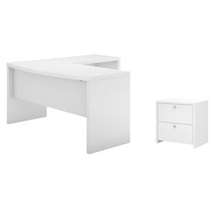 Pemberly Row Set of 2 L-Shaped Bow Front Desk & Lateral File Cabinet in White