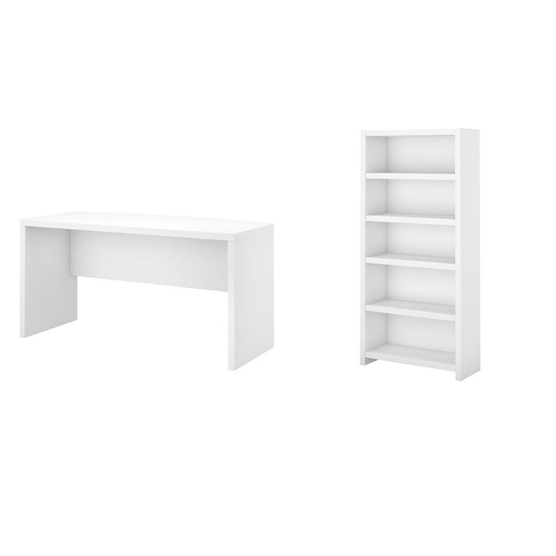 Pemberly Row Set of 2 60W Bow Front Desk & 5-Shelf Bookcase in Pure White