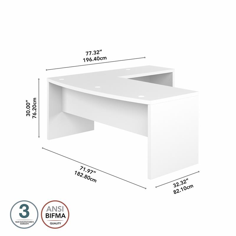 Pemberly Row Set of 2 Bow Front L-Shaped Desk & 5-Shelf Bookcase in Pure White