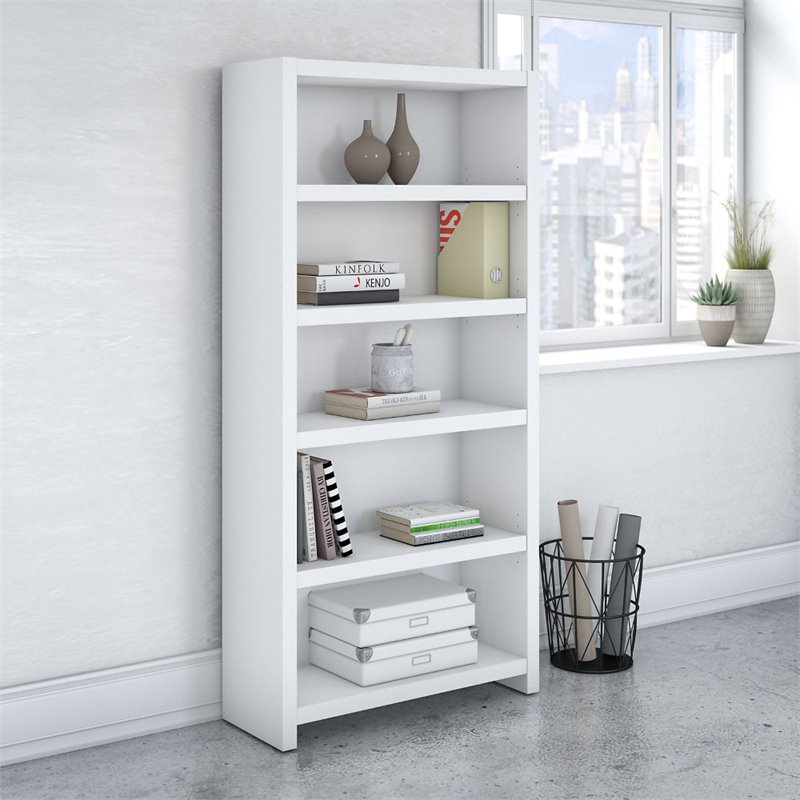 Pemberly Row Set of 2 Bow Front L-Shaped Desk & 5-Shelf Bookcase in Pure White