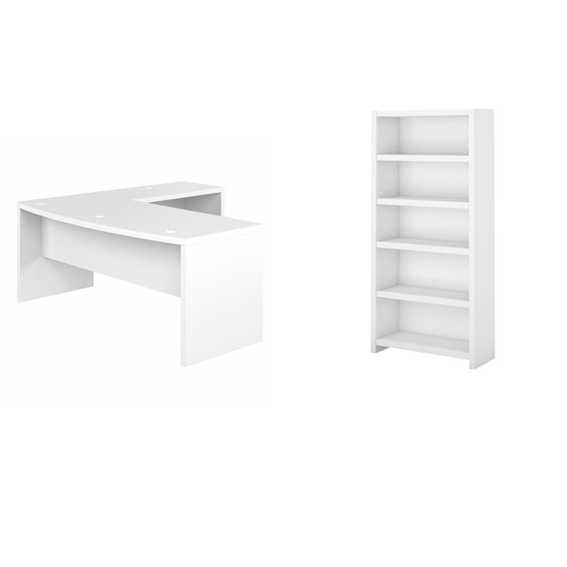 Pemberly Row Set of 2 Bow Front L-Shaped Desk & 5-Shelf Bookcase in Pure White