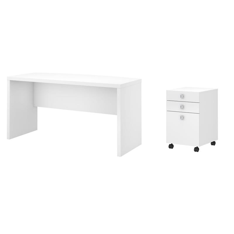 Pemberly Row Set of 2 60W Bow Front Desk & Mobile File Cabinet in Pure White