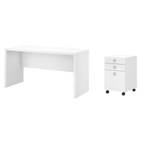 Pemberly Row Set of 2 60W Bow Front Desk & Mobile File Cabinet in Pure White