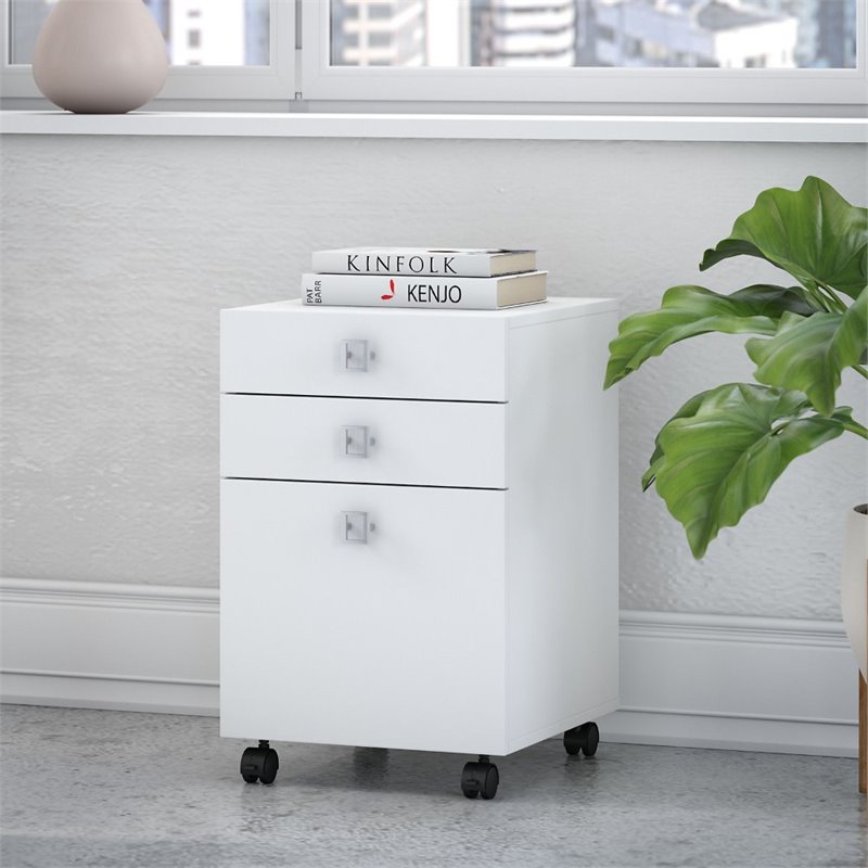 Pemberly Row Set of 2 Bow Front L-Shape Desk & Mobile File Cabinet in Pure White
