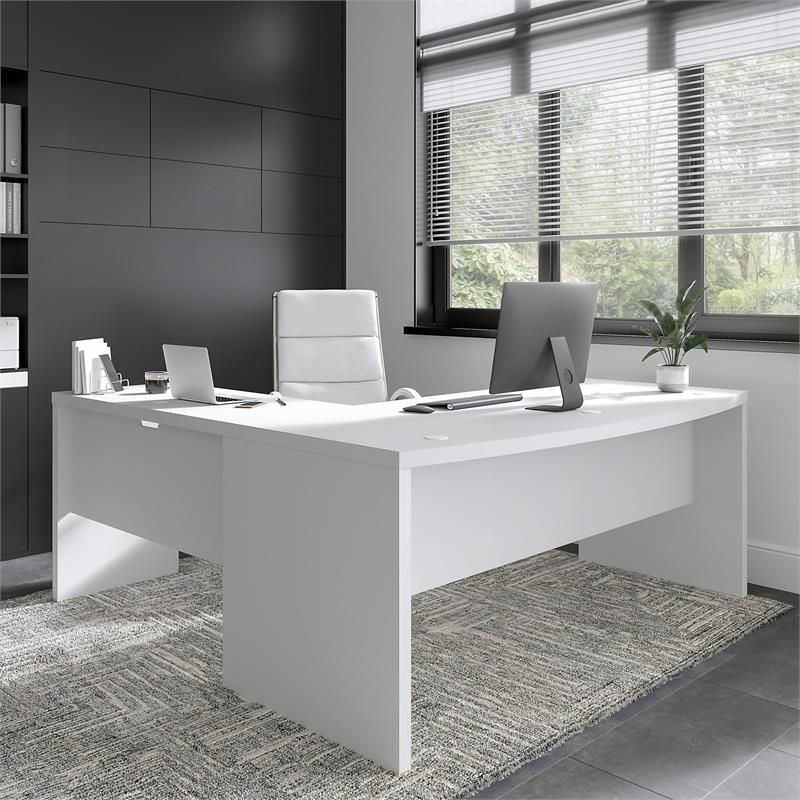 Pemberly Row Set of 2 Bow Front L-Shape Desk & Mobile File Cabinet in Pure White