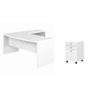 Pemberly Row Set of 2 Bow Front L-Shape Desk & Mobile File Cabinet in Pure White