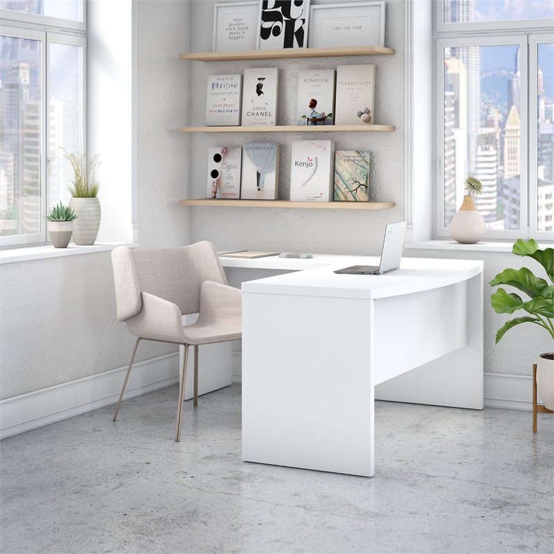 Pemberly Row Set of 2 L-Shape Bow Front Desk & Mobile File Cabinet in Pure White