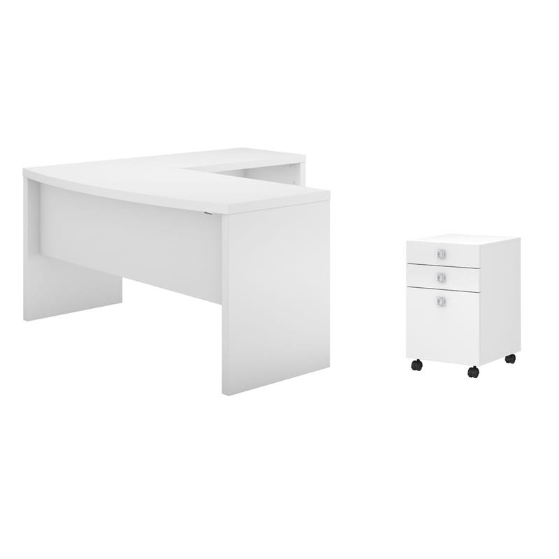 Pemberly Row Set of 2 L-Shape Bow Front Desk & Mobile File Cabinet in Pure White