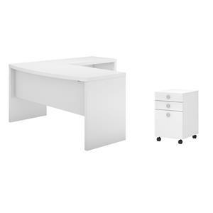 Pemberly Row Set of 2 L-Shape Bow Front Desk & Mobile File Cabinet in Pure White