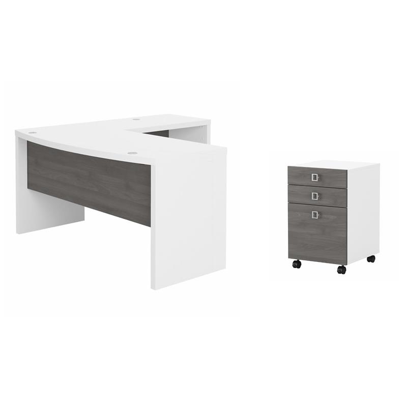 Pemberly Row Set of 2 L-Shaped Bow Front Desk & Mobile File Cabinet - White/Gray