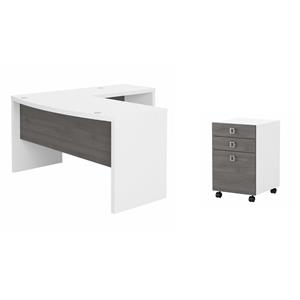 Pemberly Row Set of 2 L-Shaped Bow Front Desk & Mobile File Cabinet - White/Gray