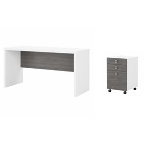 Pemberly Row Set of 2 60W Credenza Desk & Mobile File Cabinet in White & Gray