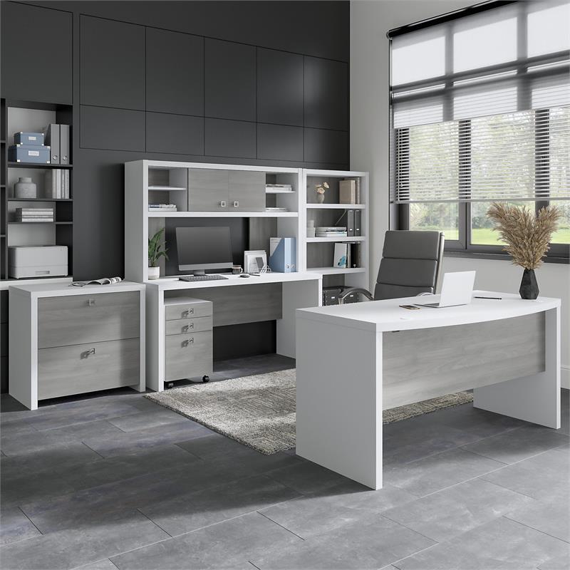 Pemberly Row Set of 2 L-Shaped Desk & Mobile File Cabinet in White & Gray