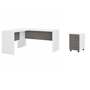 Pemberly Row Set of 2 L-Shaped Desk & Mobile File Cabinet in White & Gray