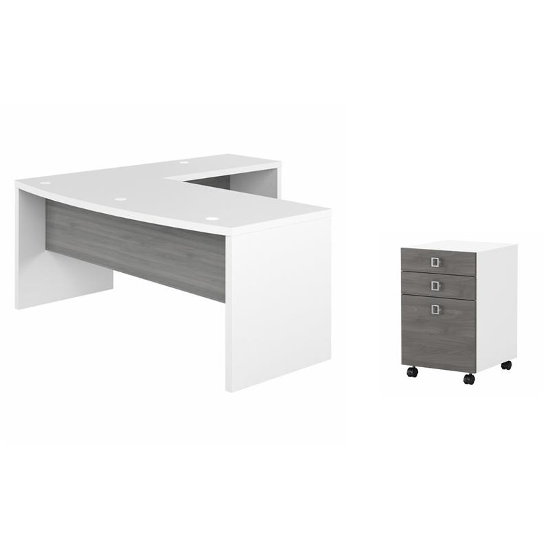 Pemberly Row Set of 2 Bow Front L-Shaped Desk & Mobile File Cabinet - White/Gray
