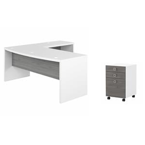 Pemberly Row Set of 2 Bow Front L-Shaped Desk & Mobile File Cabinet - White/Gray