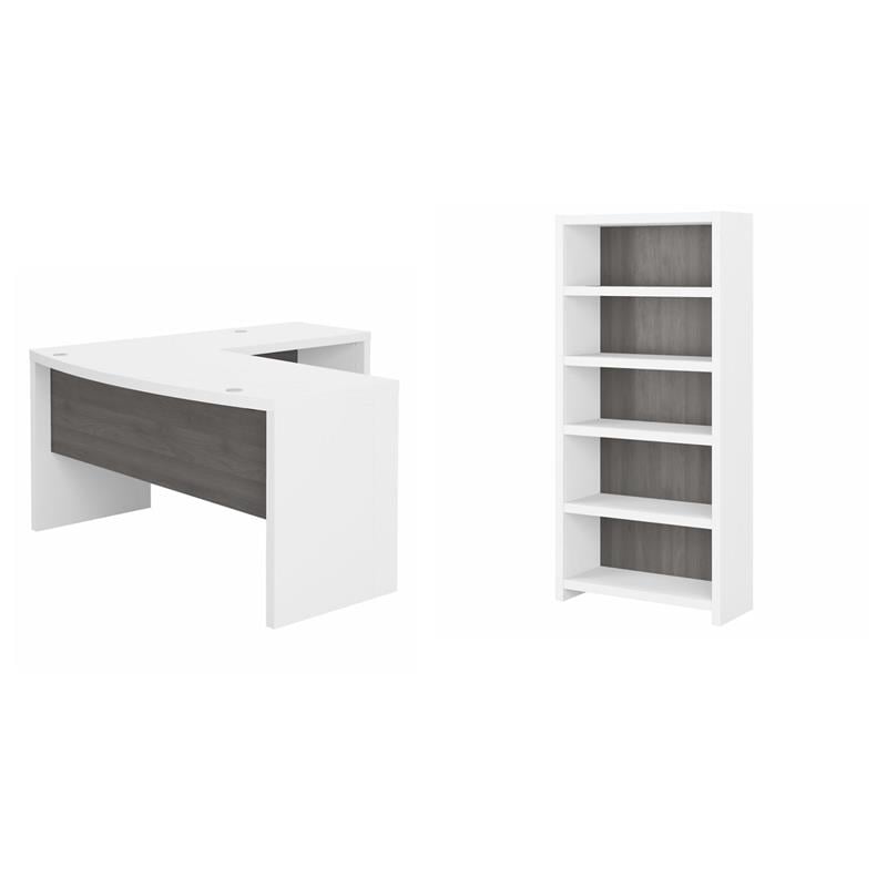 Pemberly Row Set of 2 L-Shaped Bow Front Desk & 5-Shelf Bookcase in White & Gray