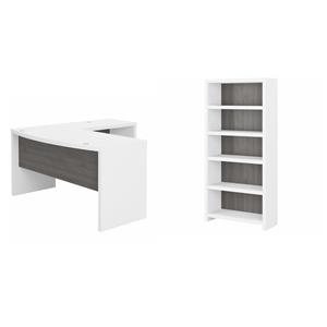 Pemberly Row Set of 2 L-Shaped Bow Front Desk & 5-Shelf Bookcase in White & Gray