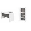 Pemberly Row Set of 2 L-Shaped Bow Front Desk & 5-Shelf Bookcase in White & Gray