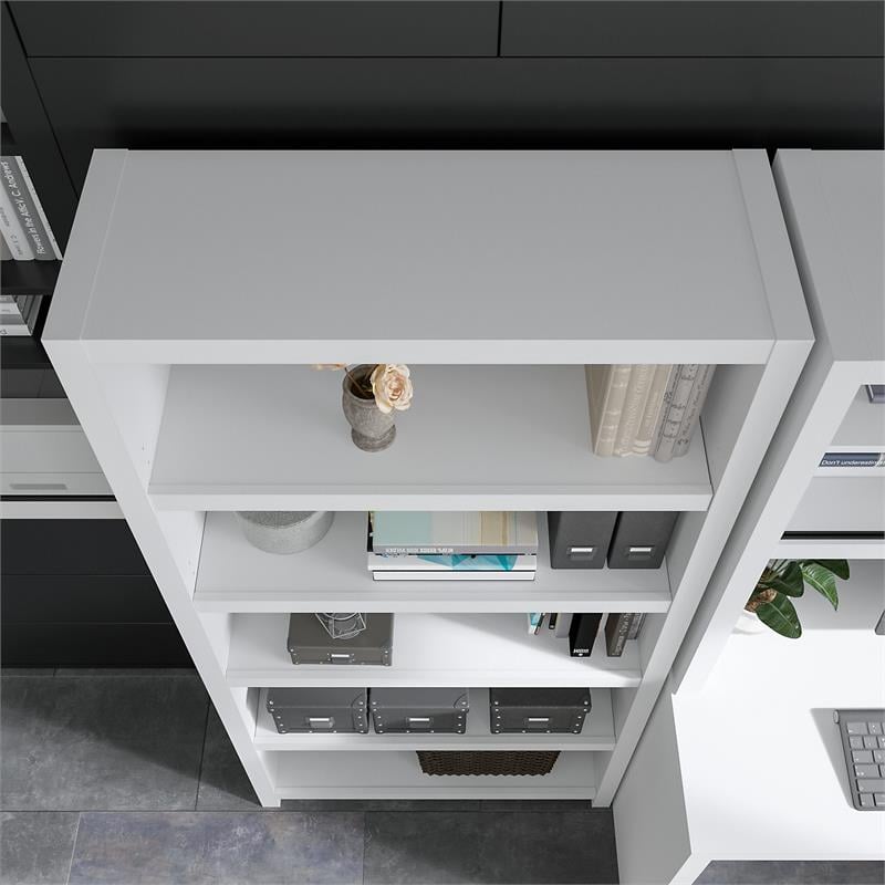 Pemberly Row Set of 2 60W Credenza Desk & 5-Shelf Bookcase in White & Gray