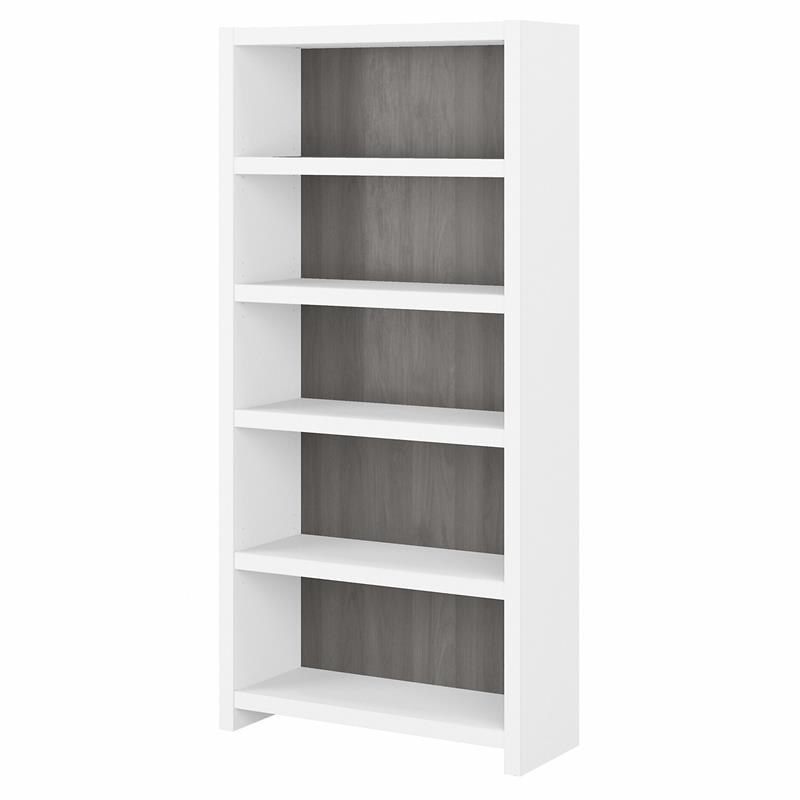 Pemberly Row Set of 2 60W Credenza Desk & 5-Shelf Bookcase in White & Gray