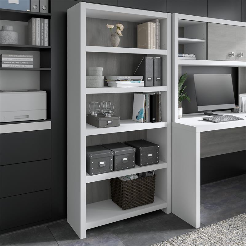 Pemberly Row Set of 2 60W Credenza Desk & 5-Shelf Bookcase in White & Gray