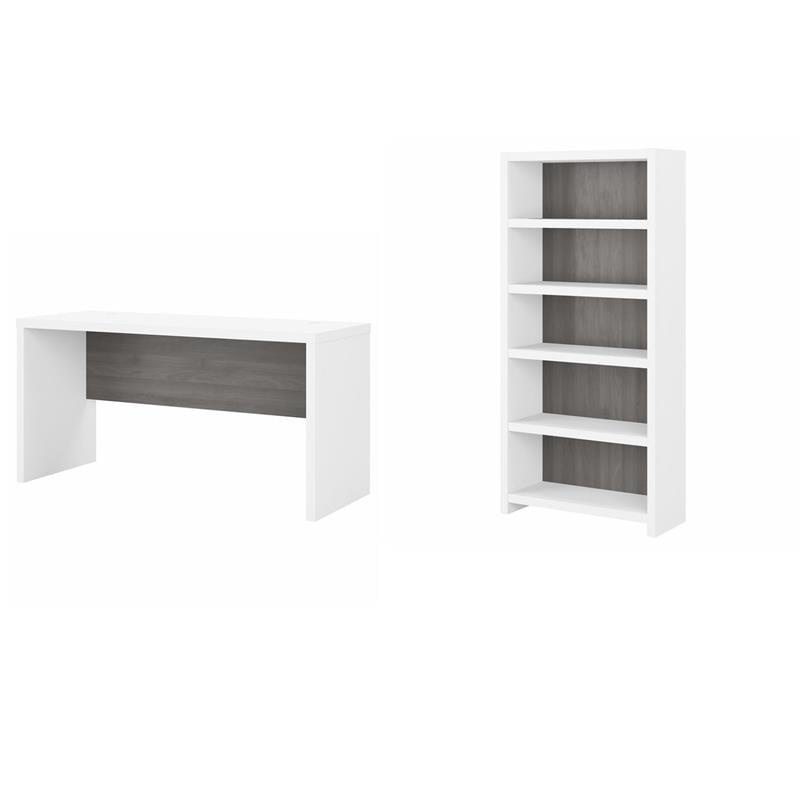 Pemberly Row Set of 2 60W Credenza Desk & 5-Shelf Bookcase in White & Gray