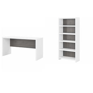 Pemberly Row Set of 2 60W Credenza Desk & 5-Shelf Bookcase in White & Gray