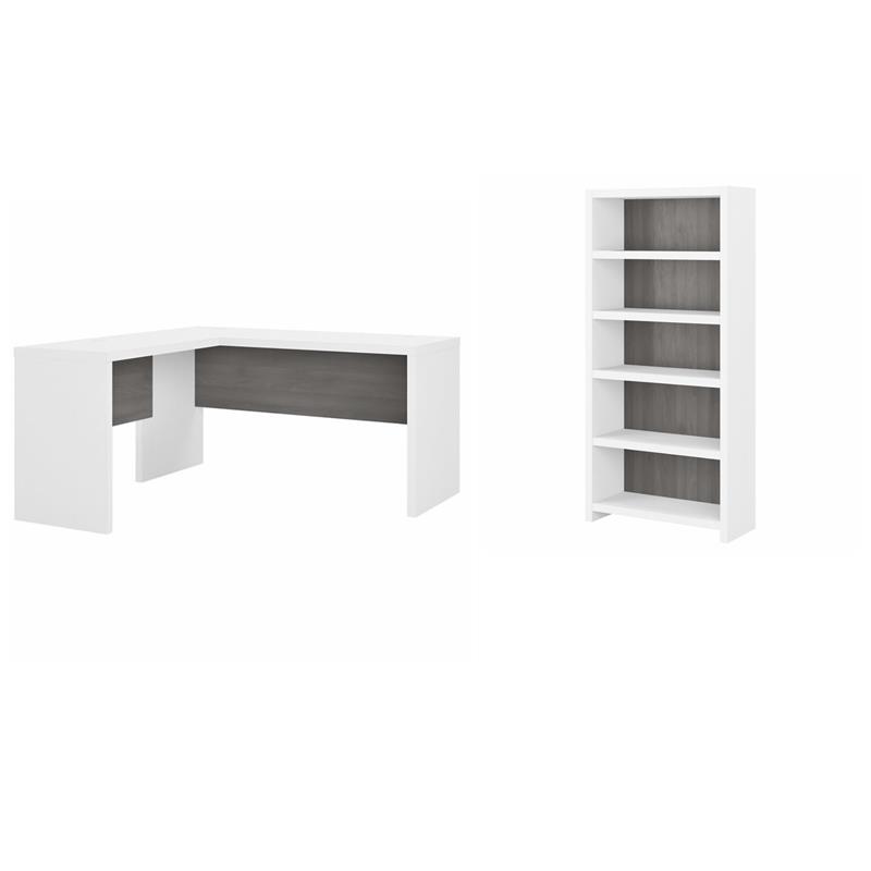Pemberly Row Set of 2 L-Shaped Desk & 5-Shelf Bookcase in White & Gray