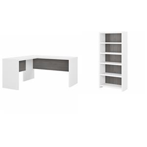 Pemberly Row Set of 2 L-Shaped Desk & 5-Shelf Bookcase in White & Gray