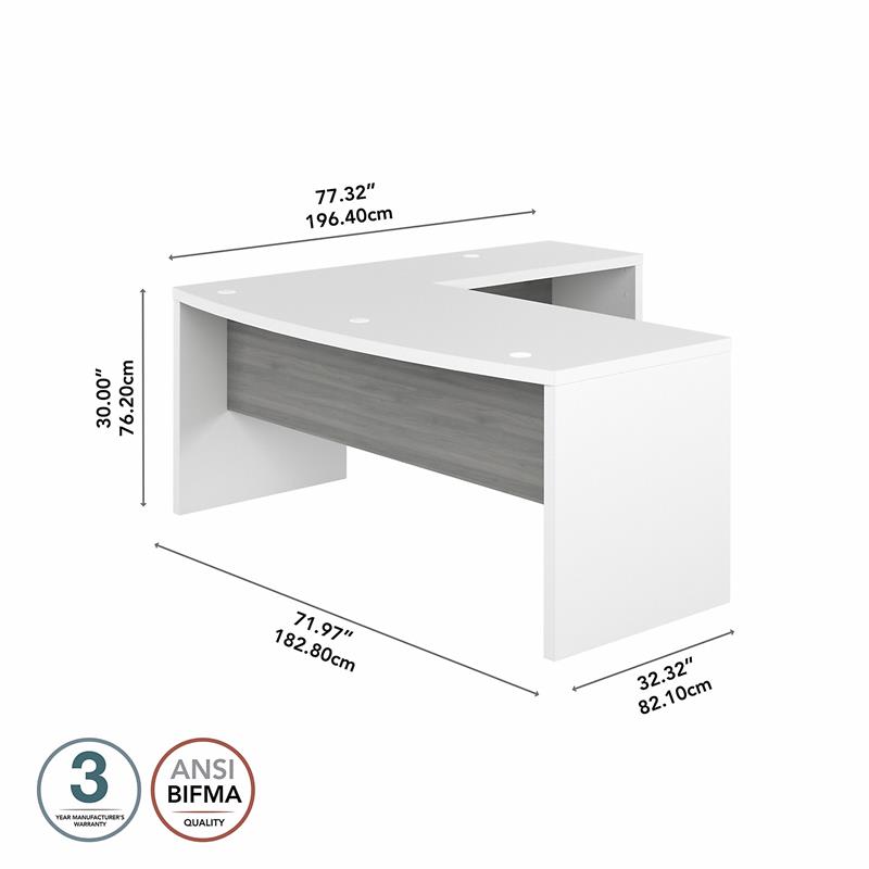 Pemberly Row Set of 2 Bow Front L-Shaped Desk & 5-Shelf Bookcase in White & Gray