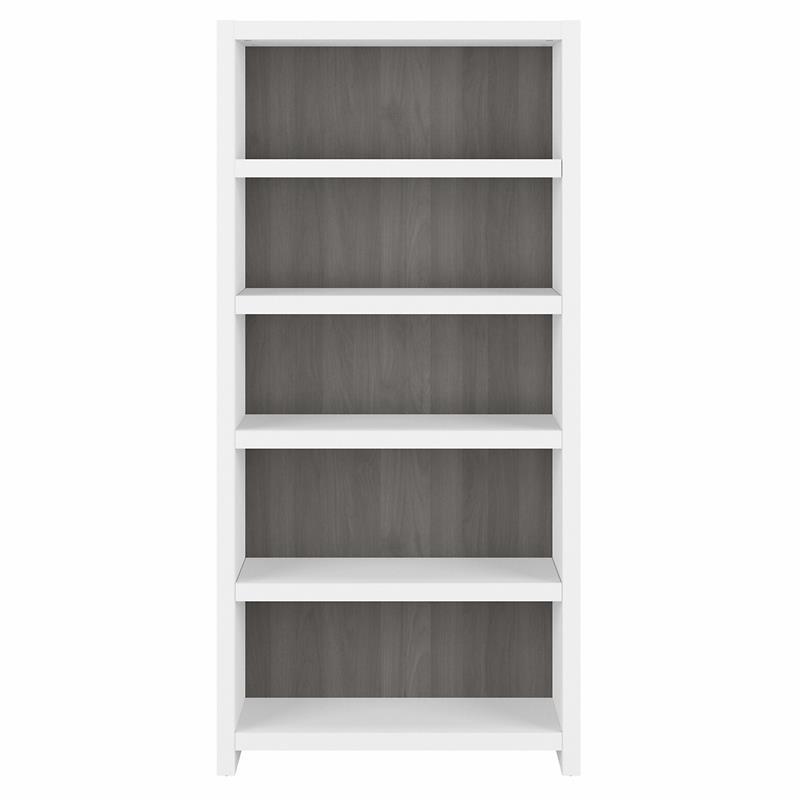 Pemberly Row Set of 2 Bow Front L-Shaped Desk & 5-Shelf Bookcase in White & Gray