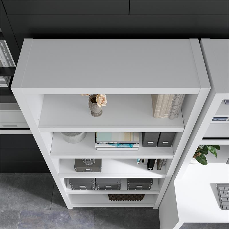 Pemberly Row Set of 2 Bow Front L-Shaped Desk & 5-Shelf Bookcase in White & Gray