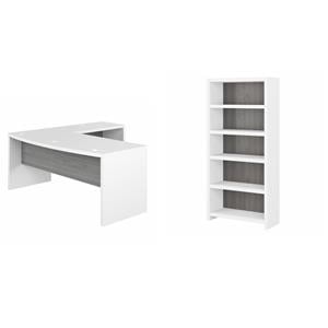 Pemberly Row Set of 2 Bow Front L-Shaped Desk & 5-Shelf Bookcase in White & Gray