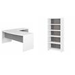 Pemberly Row Set of 2 Bow Front L-Shaped Desk & 5-Shelf Bookcase in White & Gray