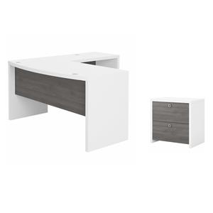 Pemberly Row Set of 2 L-Shape Bow Front Desk & Lateral File Cabinet - White/Gray